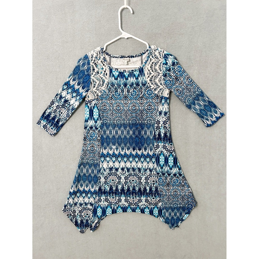 Mudd Girls Blue Ikat Patchwork Crochet Lace Sharkbite Hem Tunic Top Size 12